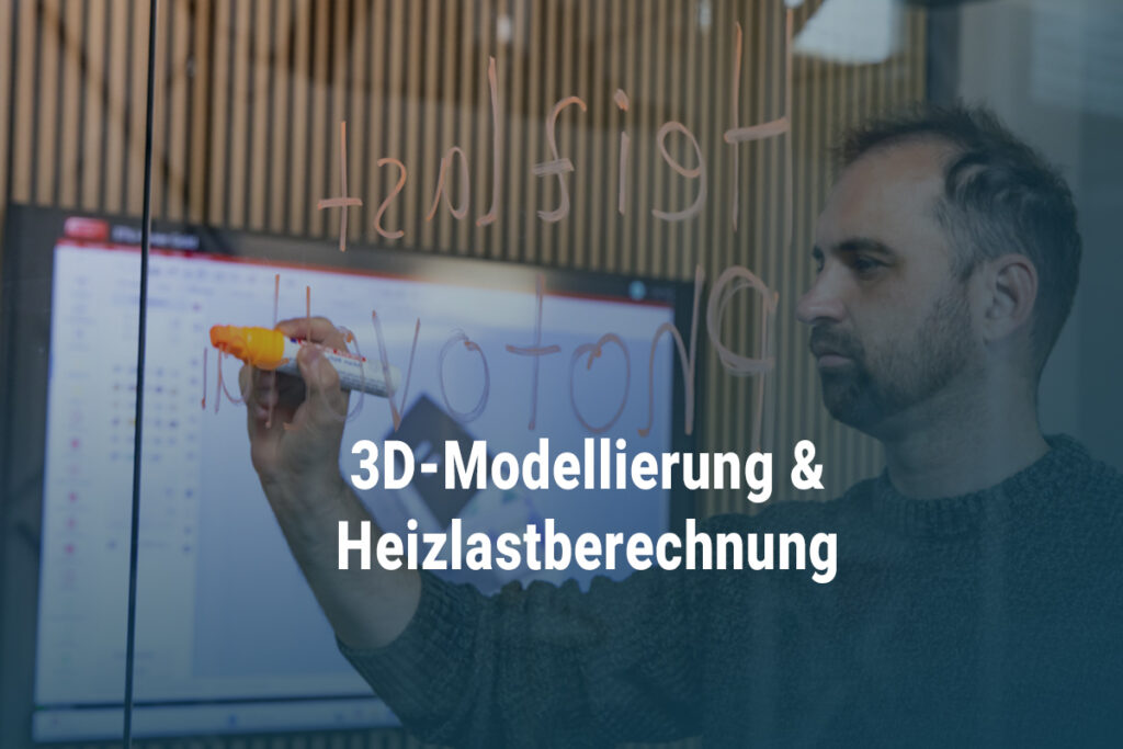 Man sieht marcus durch eine Glasscheibe im Büro stehend, an diese Glascheibe schreibt er auch etwas. deis bild hat ebenfalls einen blauen verlauf und es steht die Healdione 3D-Modellierung & Heizlastberechnung drauf